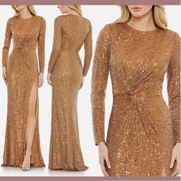 NWT $458 IEENA Mac Duggal [ 4 ] Sequined Front Knot Gown in Antique Gold